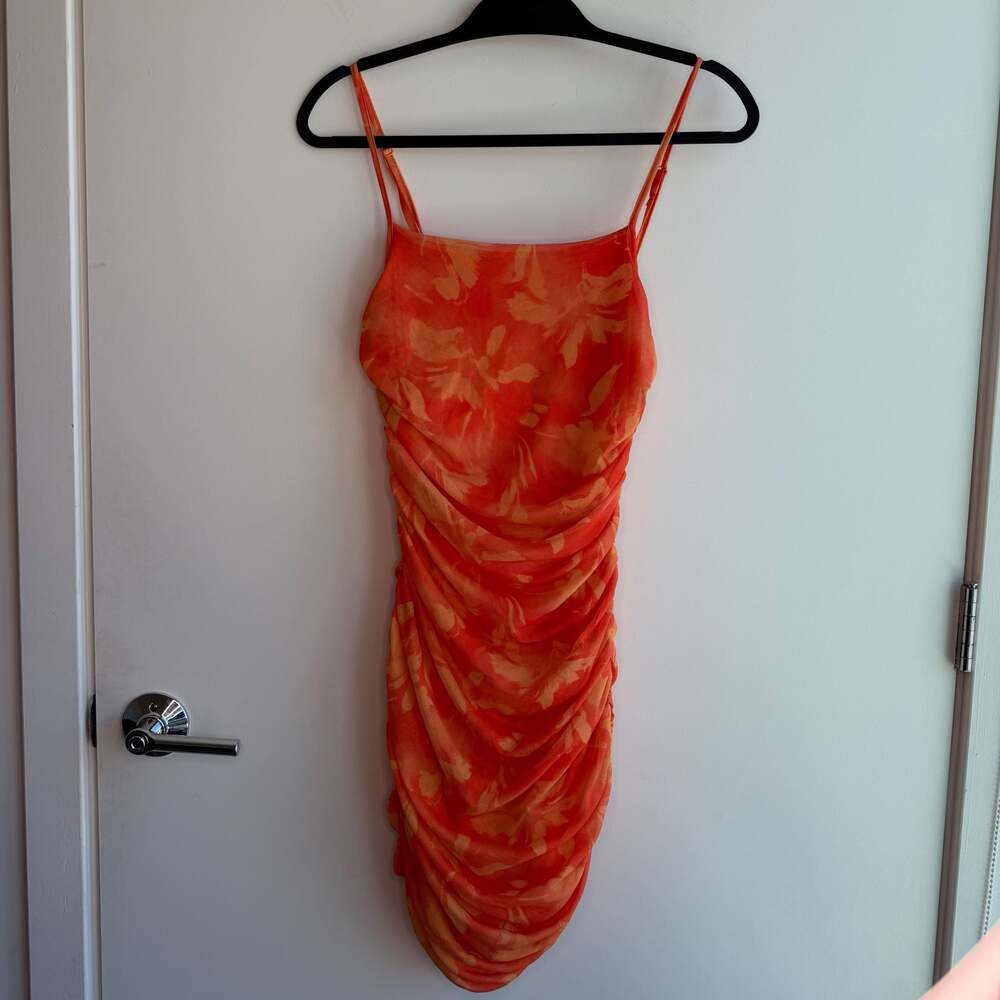 SHEIN Floral Print Spaghetti Strap Ruched Bodycon Mini Dress
